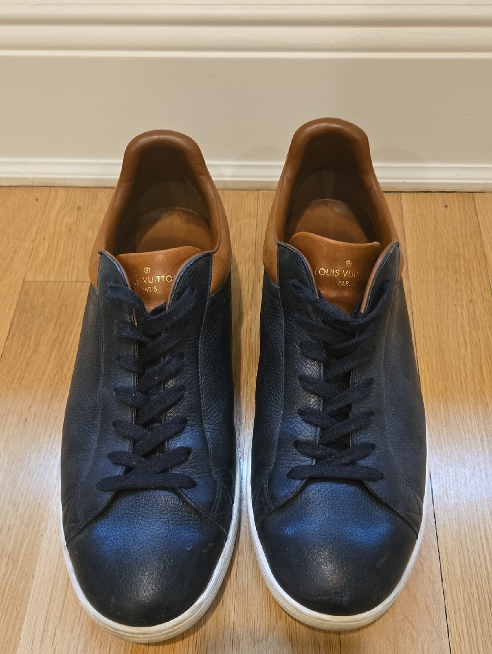 Louis Vuitton Men's Black Leather Sneakers with Brown Trim